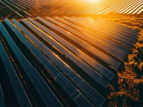 Aerial view shows a large solar panel array during the sunset