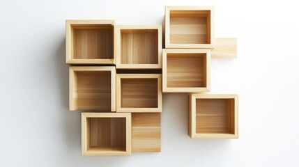 Modern wooden storage boxes arranged on a wall.  Empty compartments create a unique display