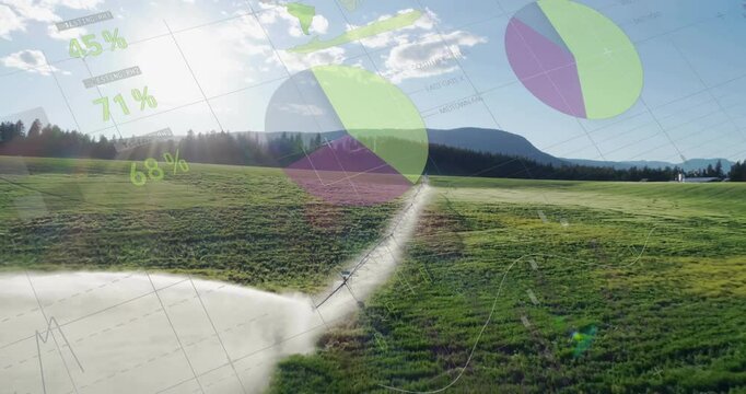 Agricultural field with irrigation system and data charts overlay animation