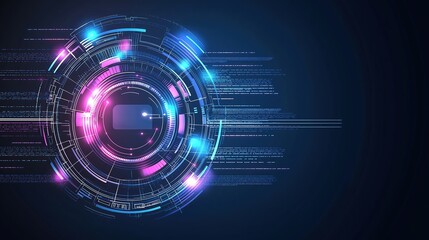 High - Tech Circular Interface with Neon Lights and Digital Readouts in a Dark Blue Setting, Evoking Future Technology