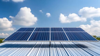 Fototapeta premium Solar panels on a metal roof under a partly cloudy sky
