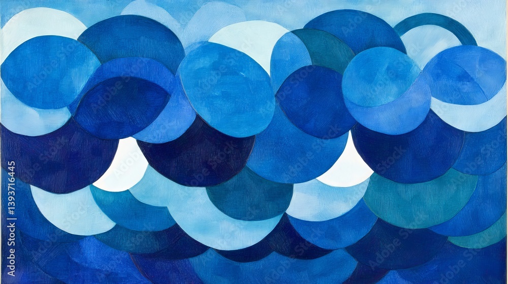 Poster aqueous mosaic blue hues creating wave-like patterns with overlapping, organic circles and curved sh