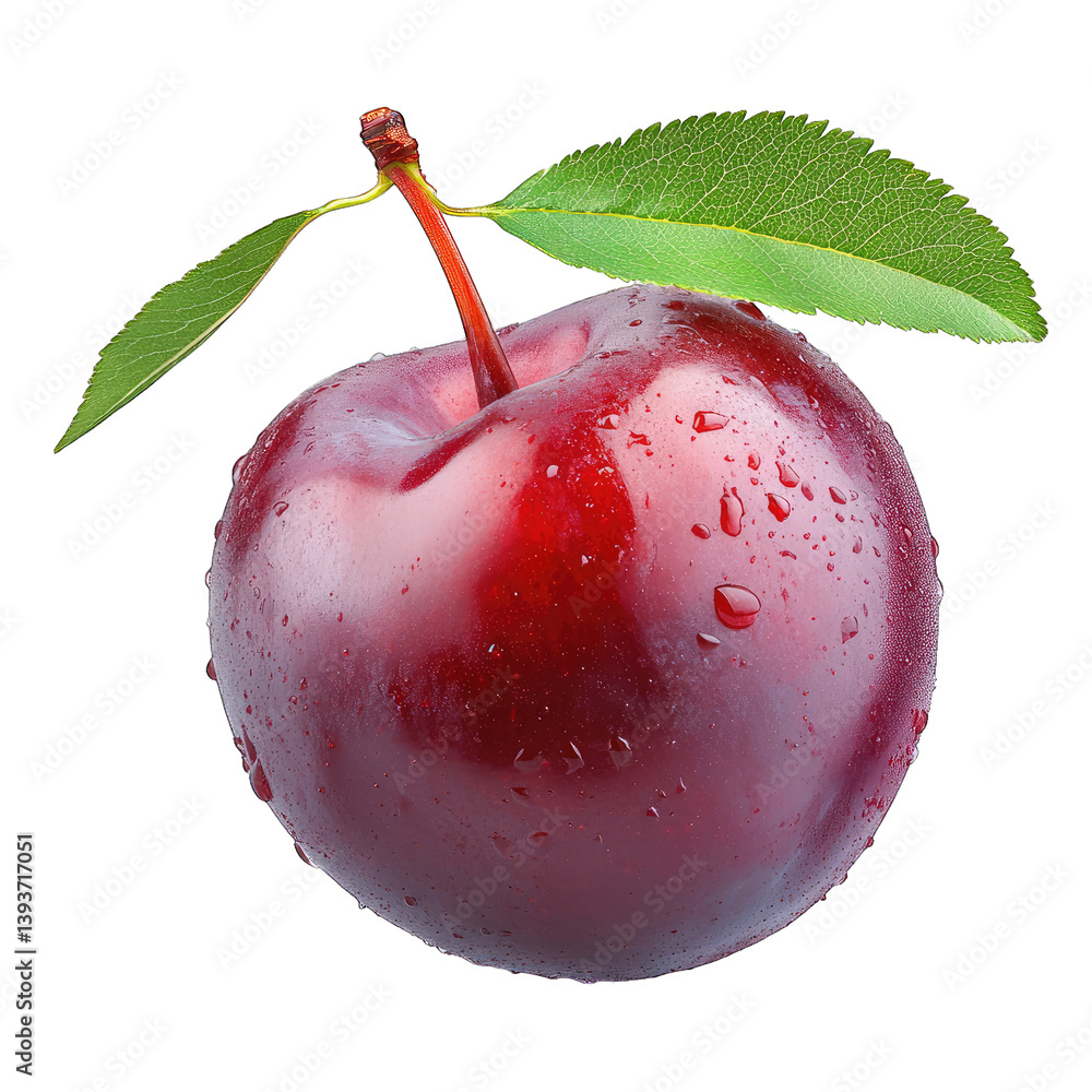 Poster fresh shiny red plum with droplets of water and a green leaf highlighting its vibrant color and text