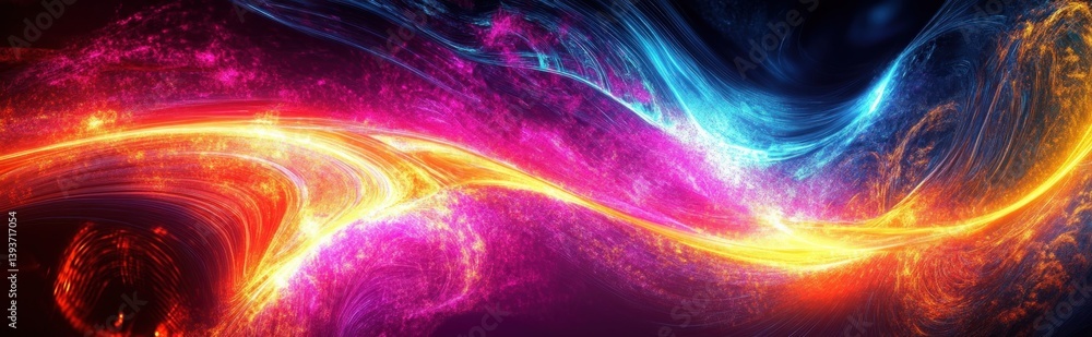 Poster vibrant neon abstract digital art with light trails and fractal design for party background