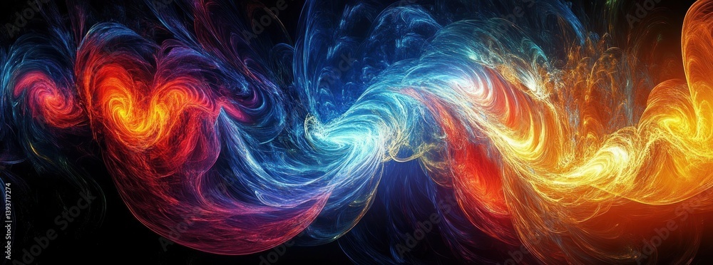 Poster vibrant abstract fractal art with dynamic lighting and swirling patterns on black background