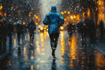 Fototapeta premium Jogger in Blue Raincoat Running Through Wet City Plaza in Rainy Weather