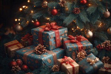 Girl excitedly runs to the Christmas tree to unwrap colorful gifts on a joyful holiday morning