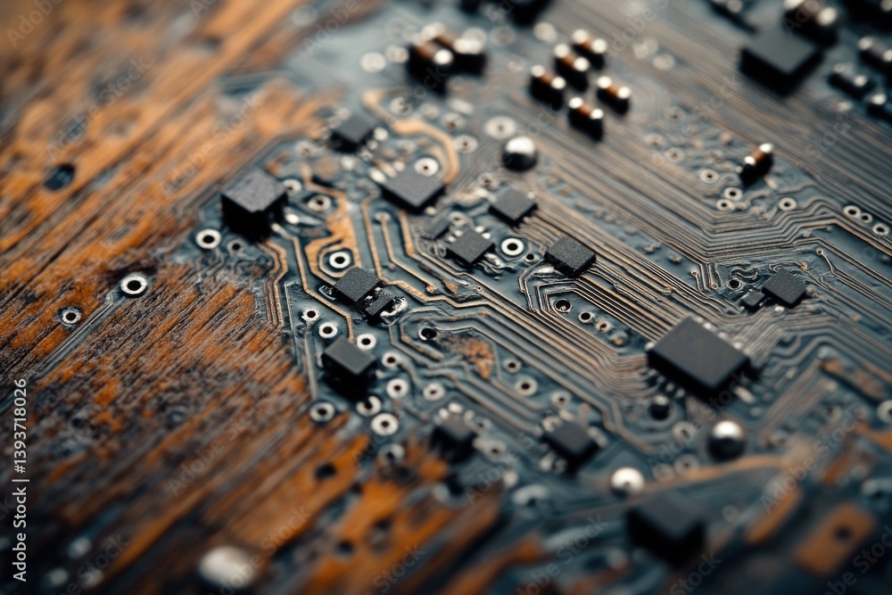 Poster close-up of a damaged circuit board showcasing intricate electronic components and pathways.
