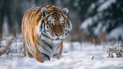 Fototapeta premium Embark On A Wild Journey Observing A Majestic Siberian Tiger Stalking In Its Untamed Realm