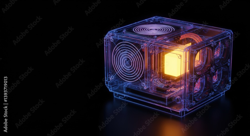 Aufkleber transparent pc case design: a futuristic 3d render of a computer's internal components illuminated w