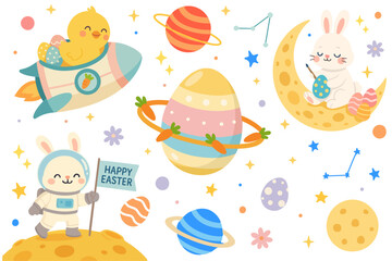 Cute Easter space illustration set of a astronaut bunny with flag, chick flying a rocket filled with eggs, bunny painting eggs on the moon and a planet shaped like an Easter egg with carrot rings.