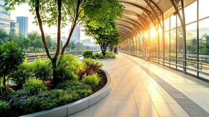 Sunlit modern train platform walkway with lush landscaping and city skyline view.
