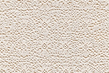 Seamless intricate white crochet Brussels lace pattern with floral motifs.