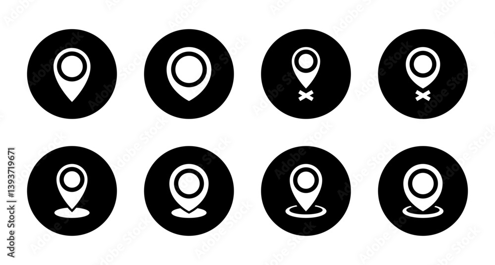 Poster location icon set collection on black circle. map pointer, address sign symbol