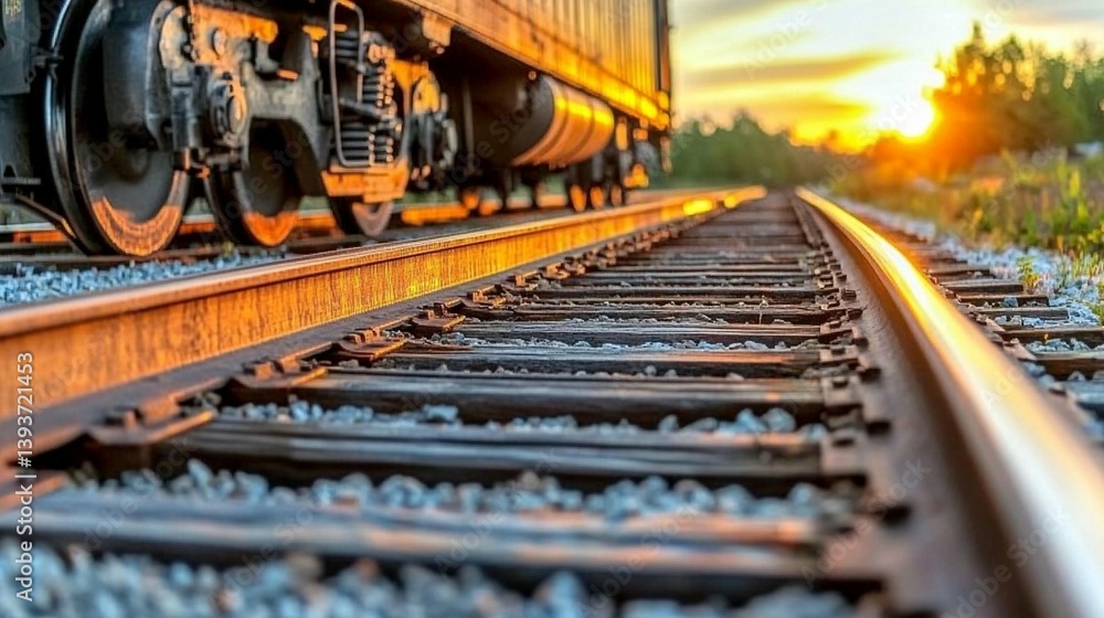 Poster sunset view of railroad tracks with train in background.