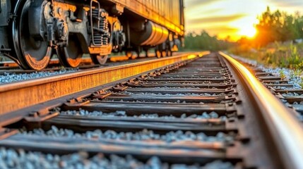 Sunset view of railroad tracks with train in background.