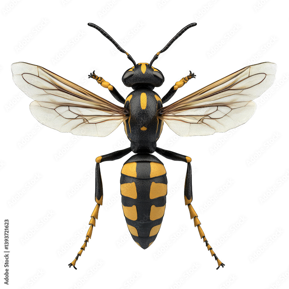 Poster stylized illustration of a black and yellow insect resembling a wasp showcasing its distinct feature