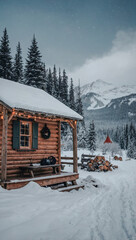 Snowy landscape with a cozy cabin and a festive sign.