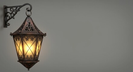 Elegant Antique Wall-Mounted Lantern with Intricate Metalwork and Warm Glowing Light
