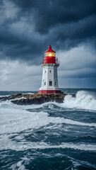 Snowy lighthouse standing against a stormy sea.