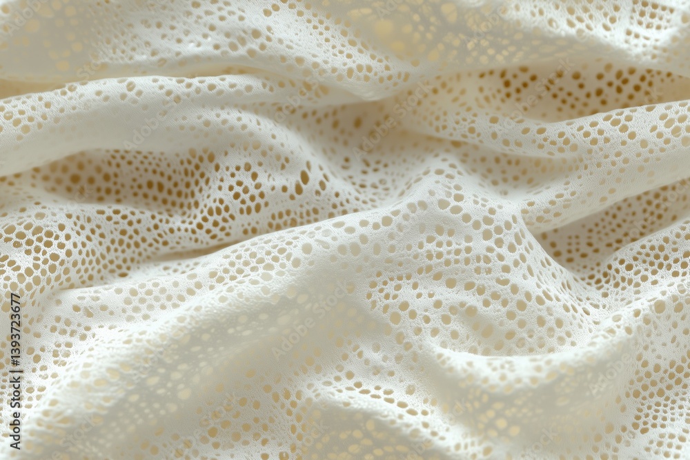 Poster a close-up view of delicate, sheer fabric with a delicate lace like pattern. the fabric is light-col