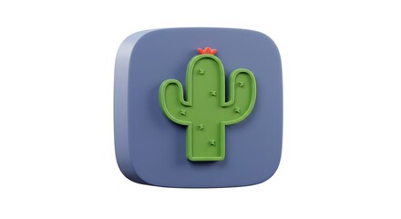 Obraz premium Green Cactus on Blue Square 3d Illustration Desert Plant Icon