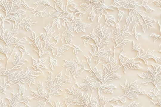 Seamless delicate Cypress lace fabric texture featuring intricate white leaf patterns on a soft beige background, ideal for elegant design projects.