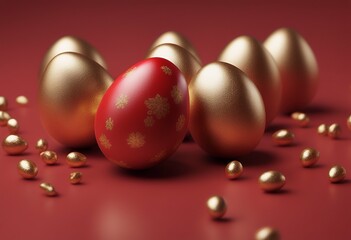 eggs red background 13 gold 3d render vacation easter glossy object festival holiday copy space season pattern three-dimensional painted design decoration happy decorative celebration colours