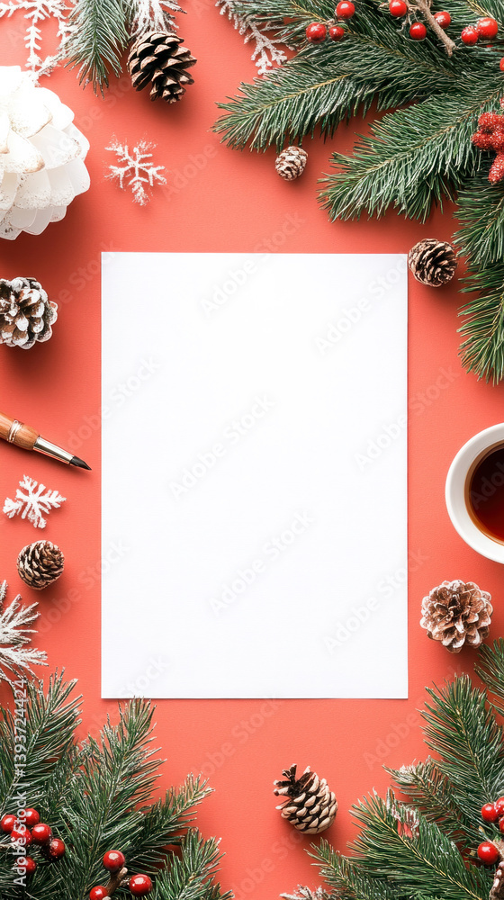 Poster a white piece of paper sits on a red background with pine cones and berries surrounding it. the scen
