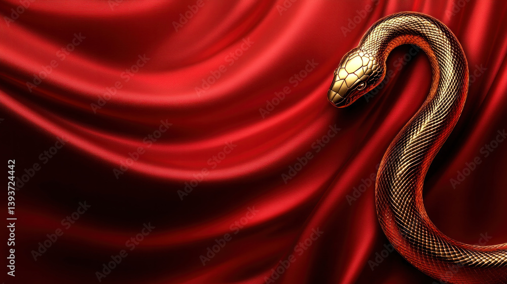 Poster a gold colored snake is curled up on a red cloth. the snake is curled up in a way that it looks like