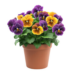 3D Potted Pansy Plant with Multi Colored Flowers Isolated on Transparent Background