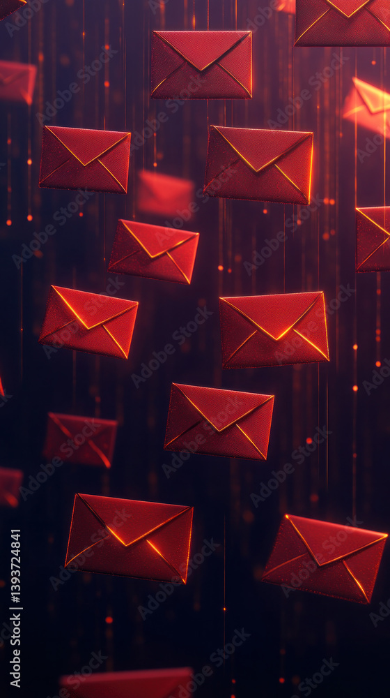 Poster a series of red envelopes hanging from the ceiling. the envelopes are all different sizes and are al