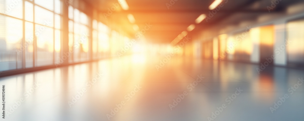 Poster a large, empty room with a lot of windows. the sun is shining through the windows, creating a warm a