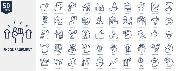 Encouragement Icon Set Outline Style with motivation, motivation quote, potential, vision, mentor, support, checklist, goals, conceptual and success