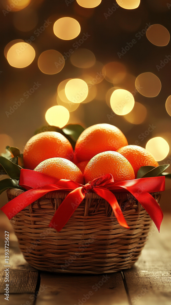 Poster a basket of oranges and eggs with a red ribbon. the basket is on a wooden table. the oranges and egg