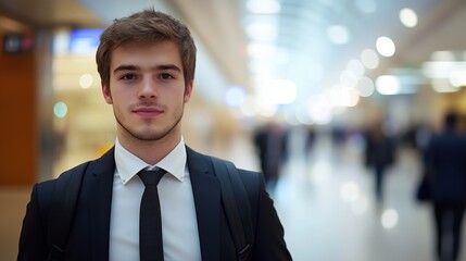 Fototapeta premium Young businessman exudes confidence in a bustling airport, embodying determination and focus.