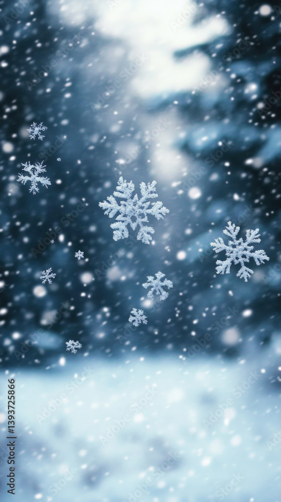 Poster a snowy scene with snowflakes falling from the sky. the snowflakes are scattered all over the image,