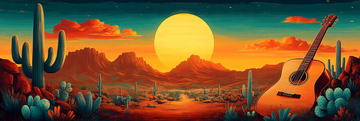 Stylized desert landscape with guitar, cacti, and a vibrant sunset. Perfect for Cinco de Mayo designs, travel posters, music promotions, or peaceful background art.