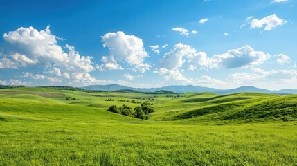 Obraz premium Clear blue sky with fluffy white clouds over rolling green hills, peaceful countryside under bright sunlight