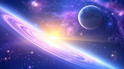 Glowing ringed planet and celestial body in vibrant nebula.