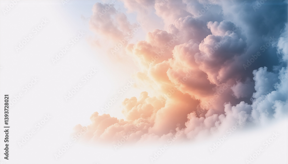 Poster fluffy clouds are illuminated by a gentle sunlight, creating a serene and airy atmosphere. the sky i