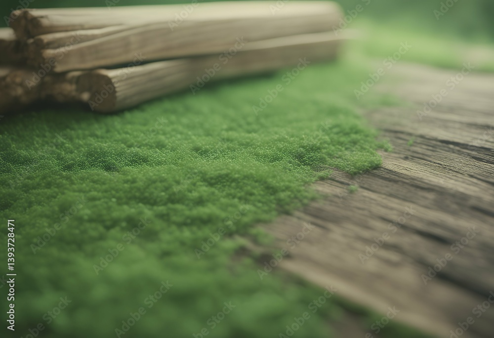 Poster green wooden surface blurred background display blurry view perspective vintage template decoration 