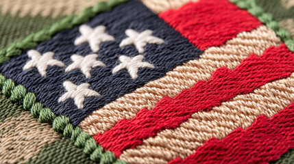Close-up of an embroidered American flag, showcasing intricate stitching and vibrant colors against a textured background.