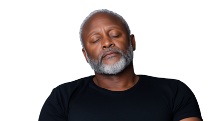 Calm man with closed eyes and gray beard on transparent background
