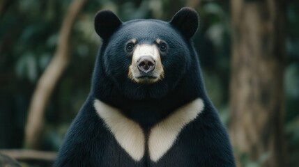 Close-up portrait of a majestic Asiatic black bear facing the camera in a lush forest setting.