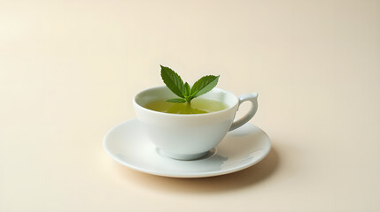 a teacup filled with green tea and mint