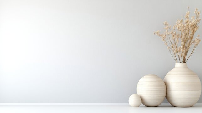 A minimalist white vase with dried plants on a clean shelf against a soft grey wall, accompanied by two spherical decorative objects, and modern interior design concept.