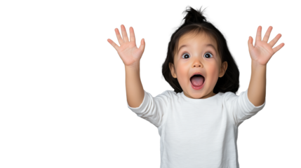 Excited child with raised hands expressing joy on transparent background