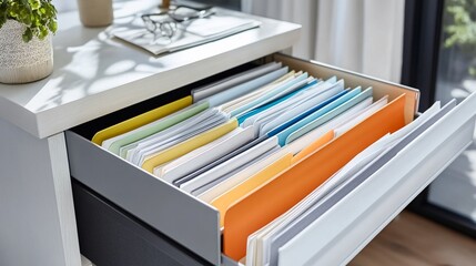 Organized Filing Cabinet Drawer with Color-Coded Folders for Efficient Document Management