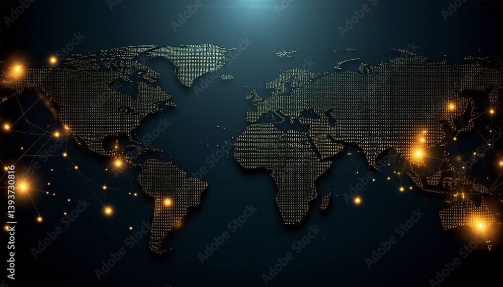 Poster global network illustration of world map with glowing connections across continents. light points hi